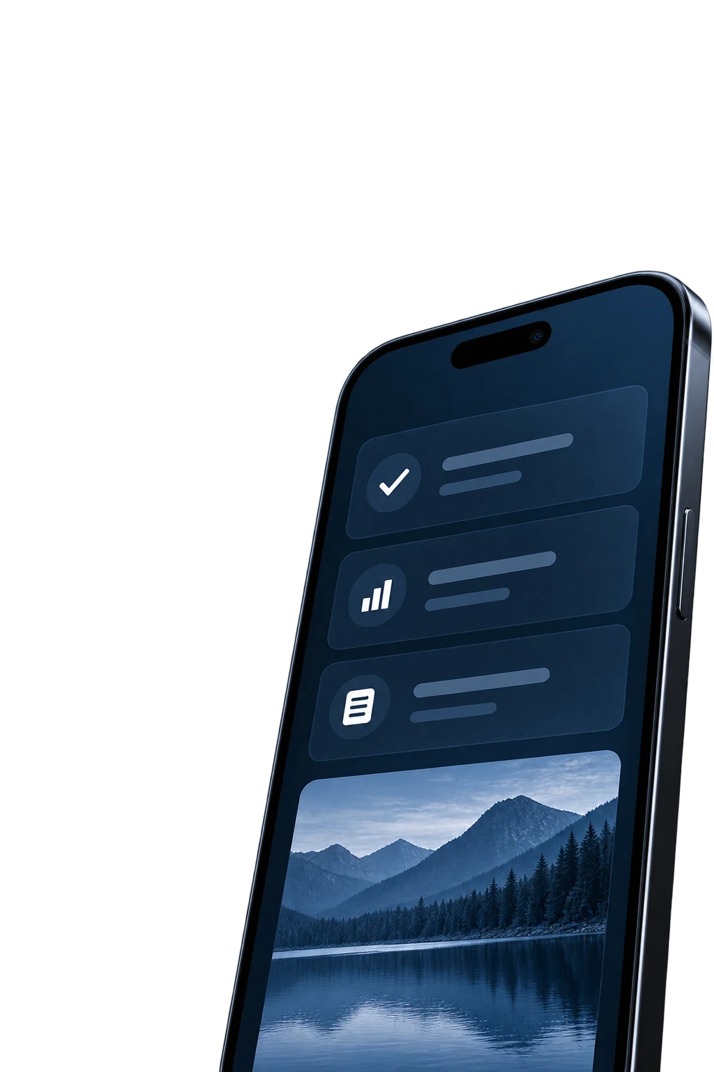 A dark blue productivity app displayed on an angled device